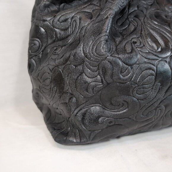Isadora Italy Tooled Leather Purse Black Large Shoulder Bag Tote Swirls MSRP$425 - Picture 4 of 16